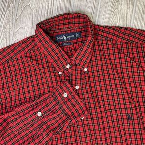 Ralph Lauren Men’s XL Red Tartan Plaid Button Down Shirt Long Sleeve Navy Pony